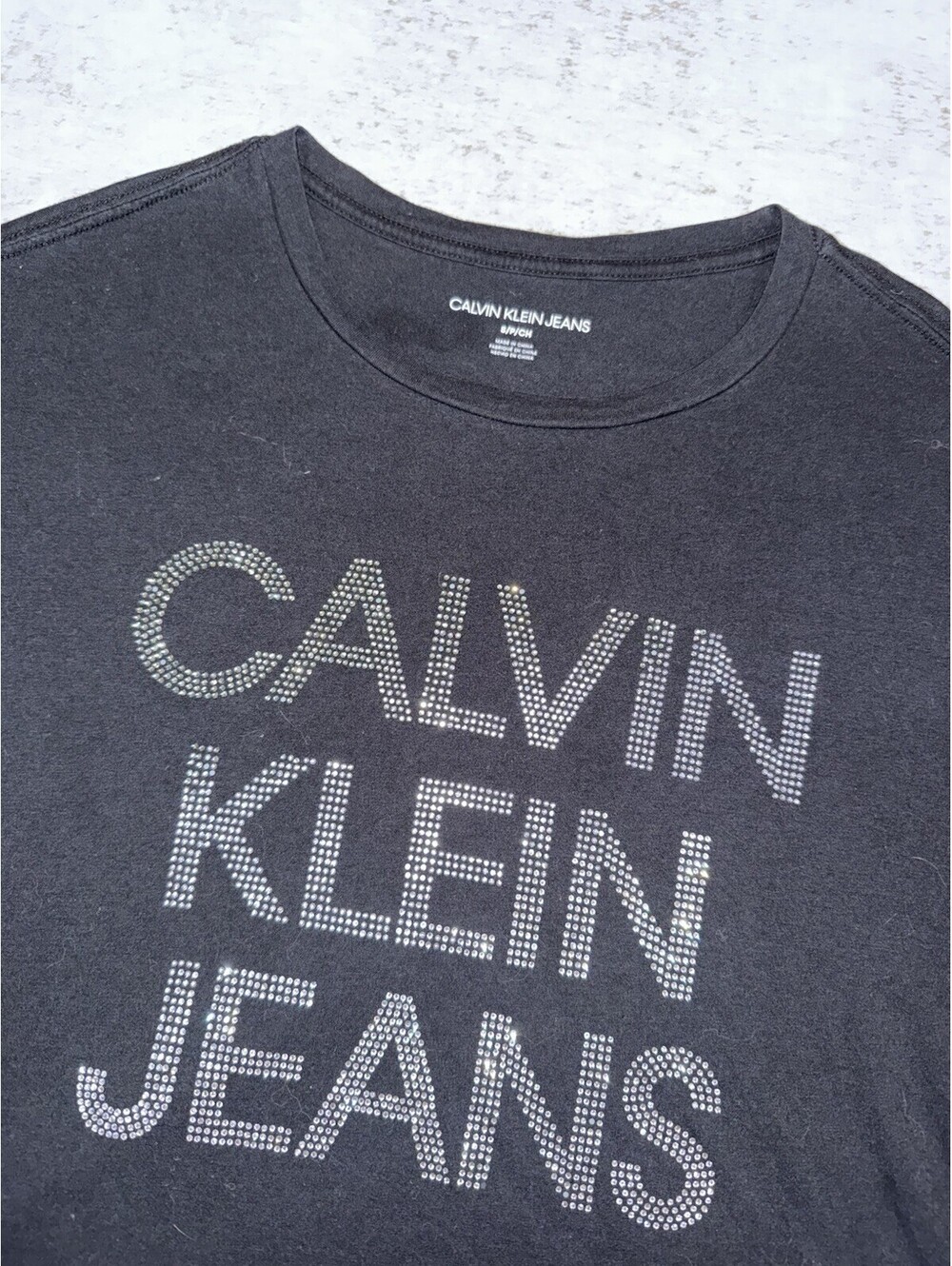 Calvin Klein Jeans Womens S Black Rhinestone Logo Graphic T Shirt Bling